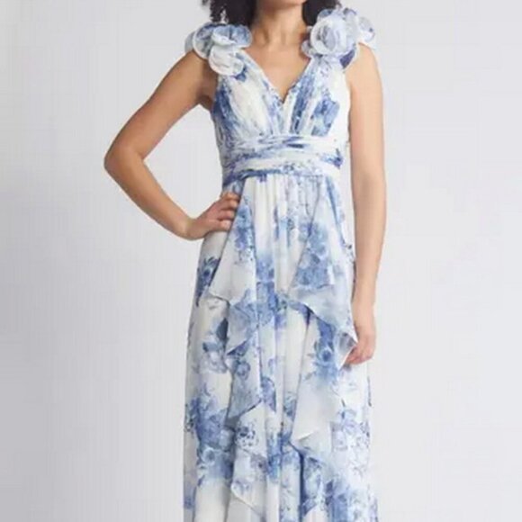 Eliza J Navy Blue White Floral Ruffle Strap Pleated Gown